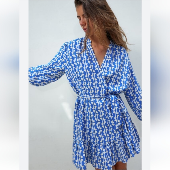 Zara The Paula Blue and White Geometric Design Dress Size XXL Belted - Picture 2 of 16